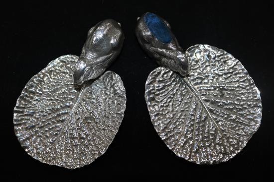 Two similar silver rabbit and cabbage leaf pin trays, one modified as a pin cushion and with makers mark E S & Co